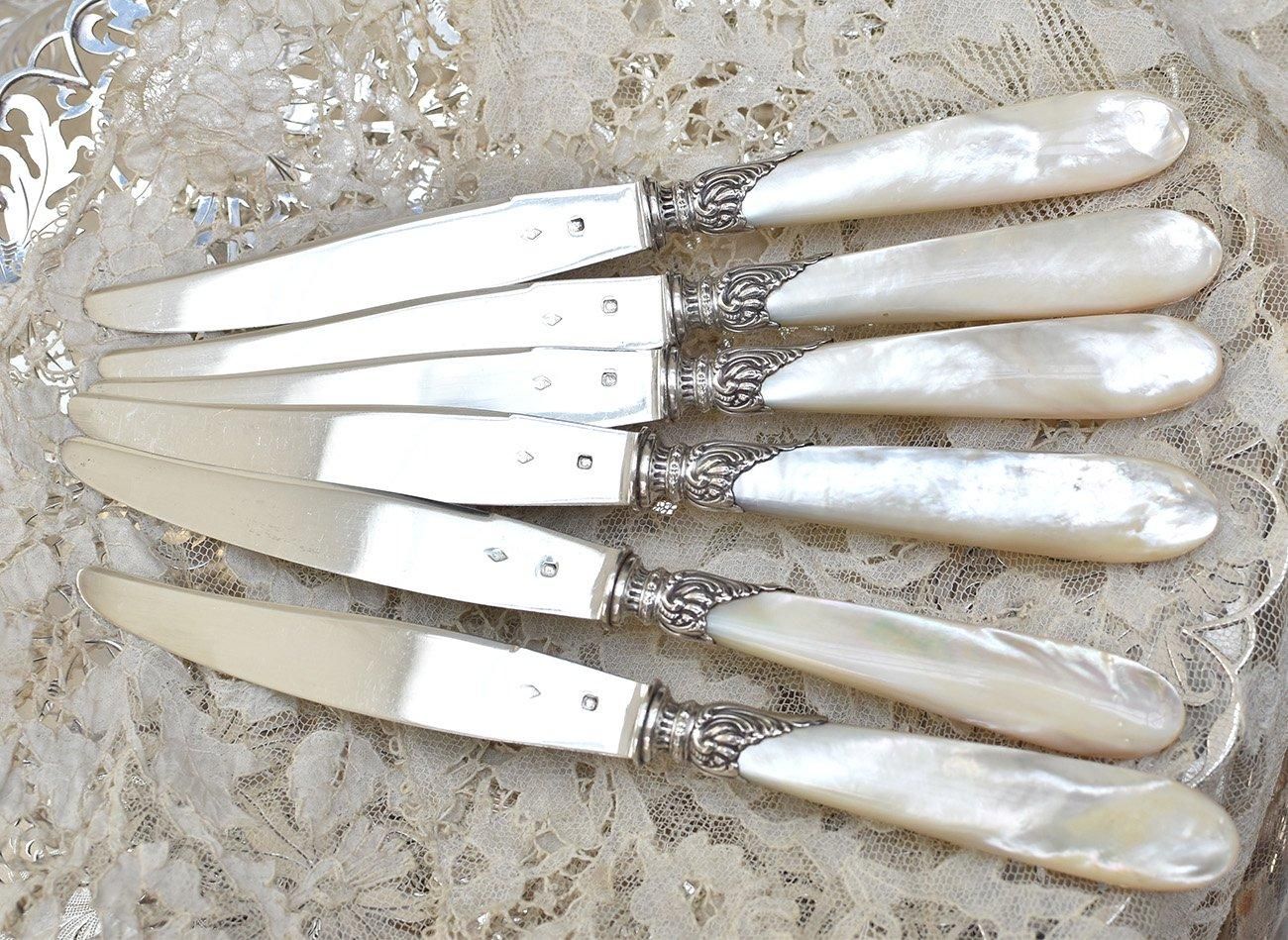 仏アンティーク銀器【銀950】白蝶貝ハンドルのデザートナイフ6本セット