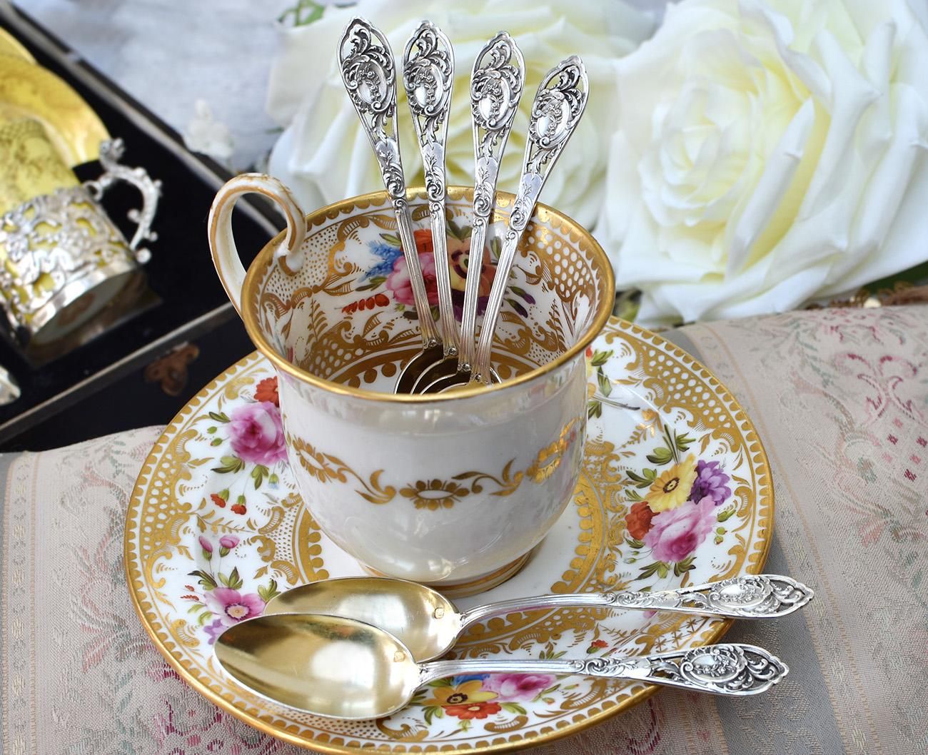 仏アンティーク銀器【銀950】透かしのティースプーンセット 12.1cm