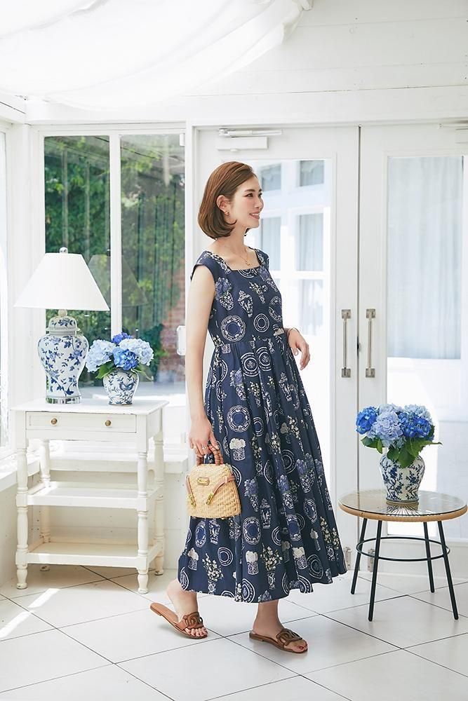 ブルーアンドホワイトプリントワンピース(ネイビー) - seventen