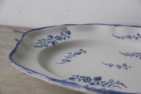 フランスアンティーク 白釉薬 ハンドペイント 青絵付け 大皿 - L