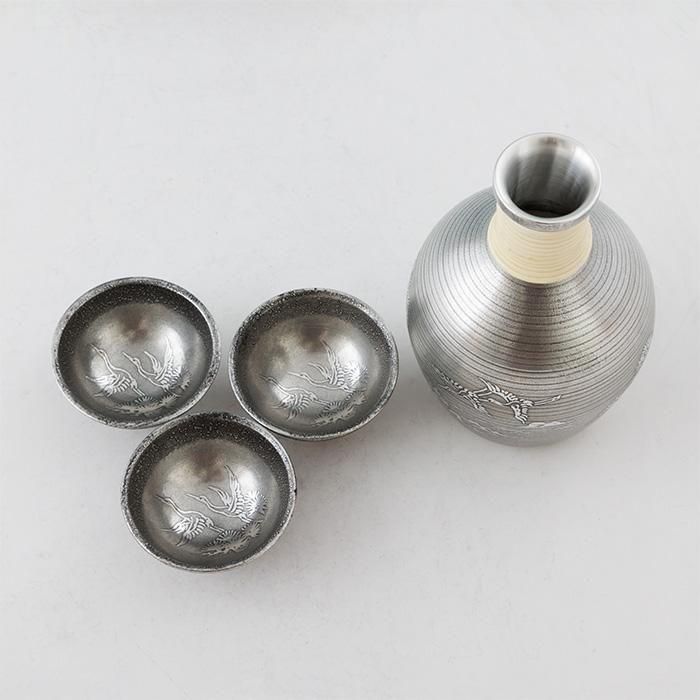 錫 酒器セット 鶴 盃3ヶ黒漆加工 380ml [No.62-2]｜薩摩錫器工芸館