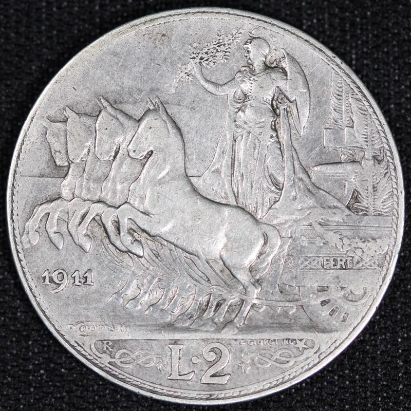 イタリア Italia ビットリオ エマヌエレ3世 クアドリガ 2リラ銀貨 1911