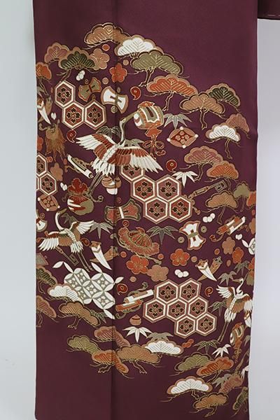 銀座【B-3273】（広め）染三ッ紋 色留袖 葡萄茶色 松竹梅に鶴や