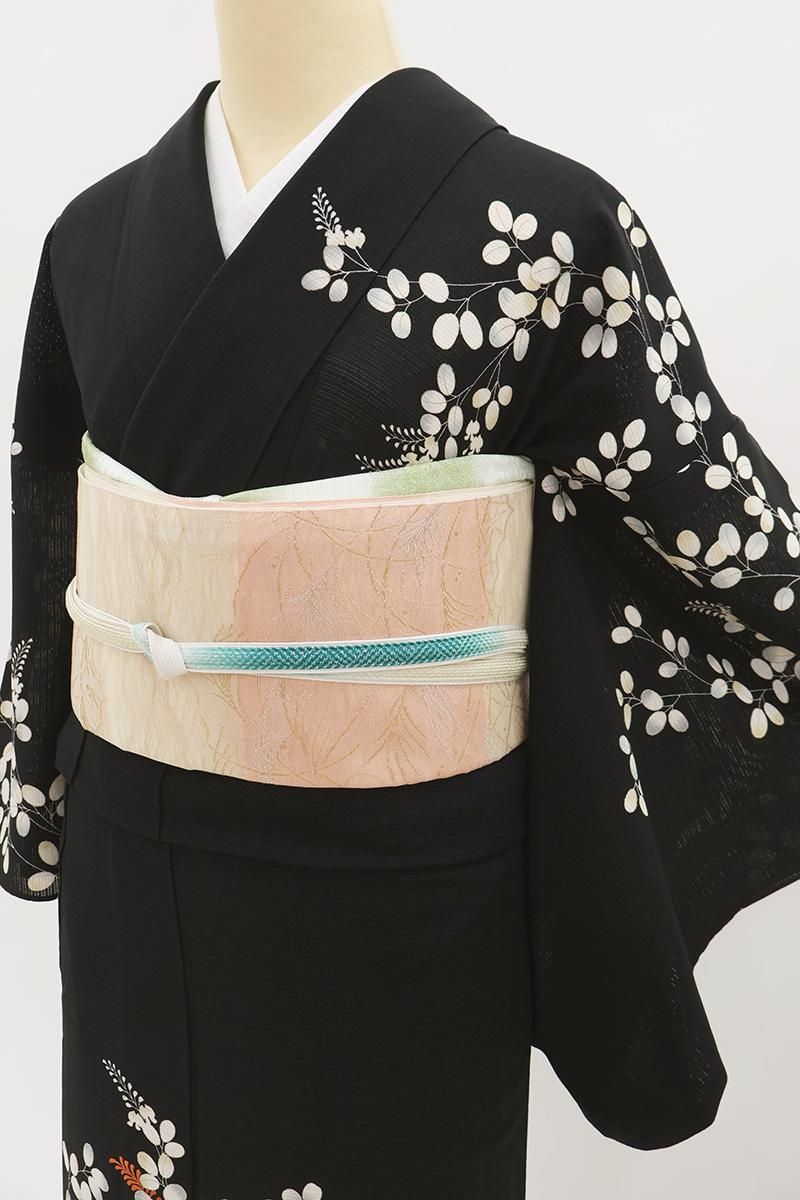 銀座【B-4179】花井幸子監修 絽縮緬地 訪問着 黒色 波に萩の図（落款入