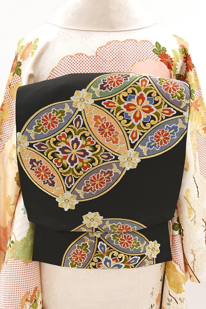 銀座【L-8445】西陣 本家加納製 袋帯 黒色 七宝花菱文（落款入