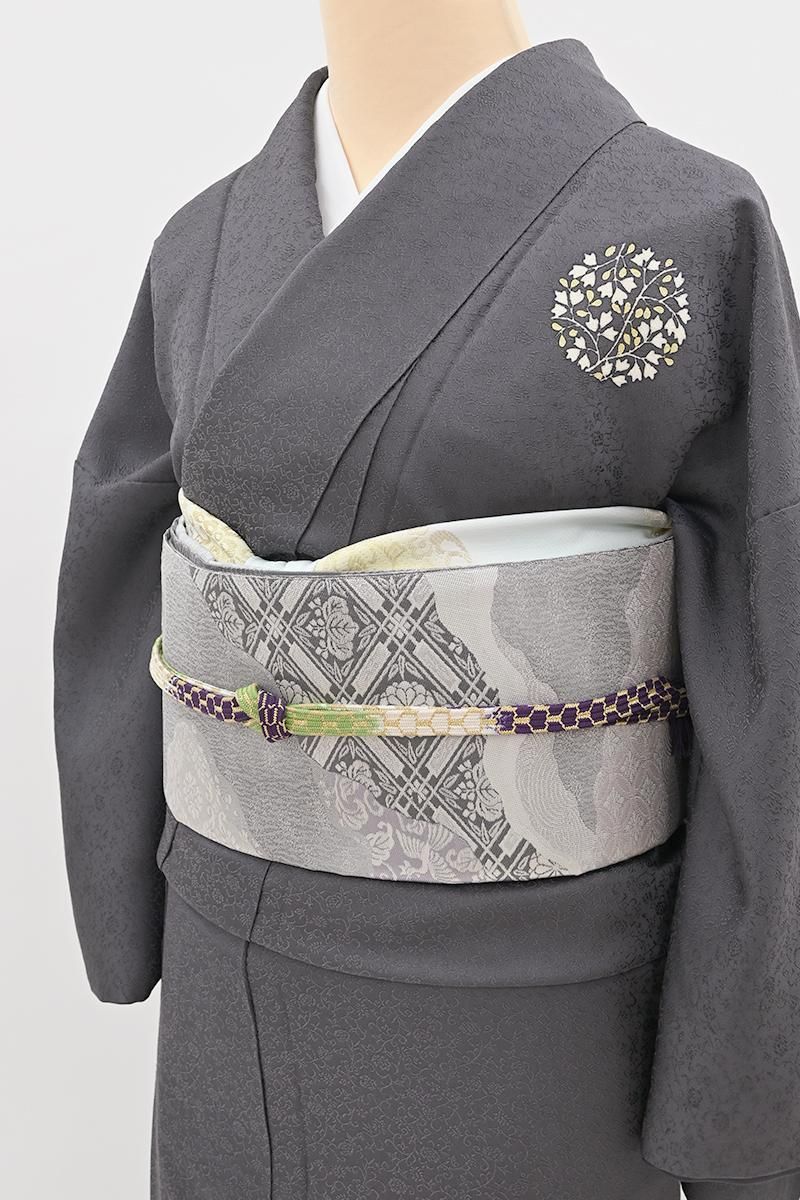 銀座【L-8628】袋帯 薄雲鼠色 道長取りに有職文（リバーシブル