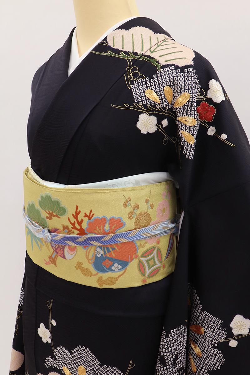 銀座【B-3920】絞り染め 振袖 黒色 松竹梅の図 :身丈167/裄68.5/細め