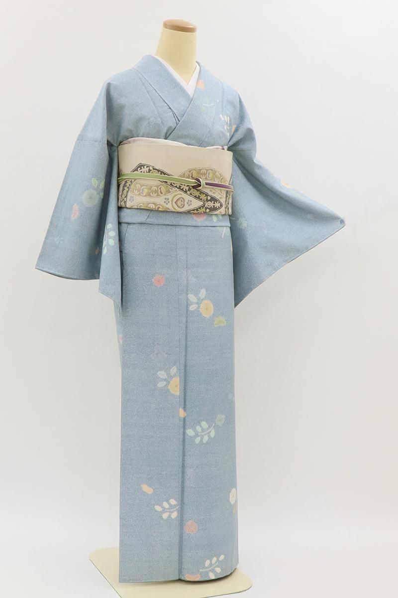 銀座【D-3666】白山工房製 牛首紬地 絞り染め 小紋 水色系 花の図