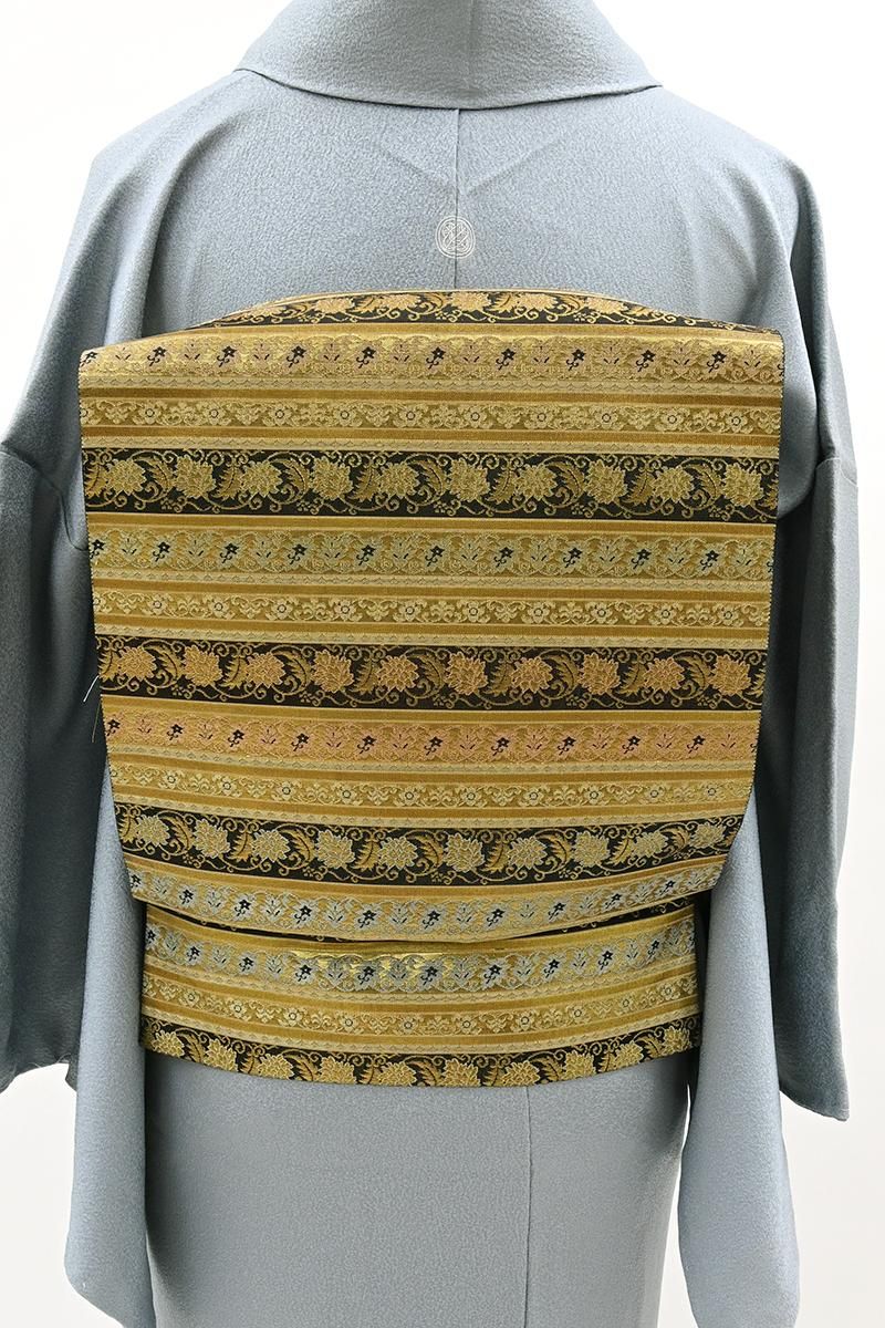 銀座【L-8738】西陣 陰山織物製 箔屋清兵衛 袋帯 黒色×金 横段に花唐草