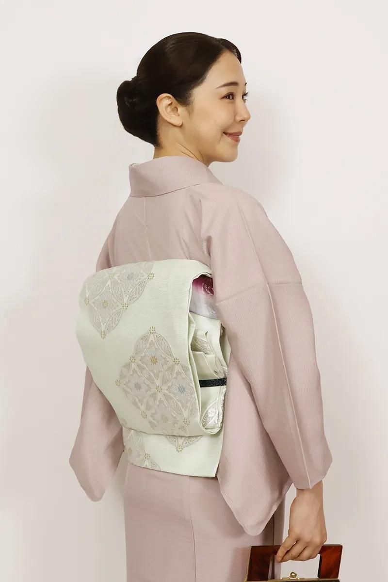 銀座【L-7457-3】西陣製 夏 袋帯 白緑色 七宝文（反端付・栞付）（N