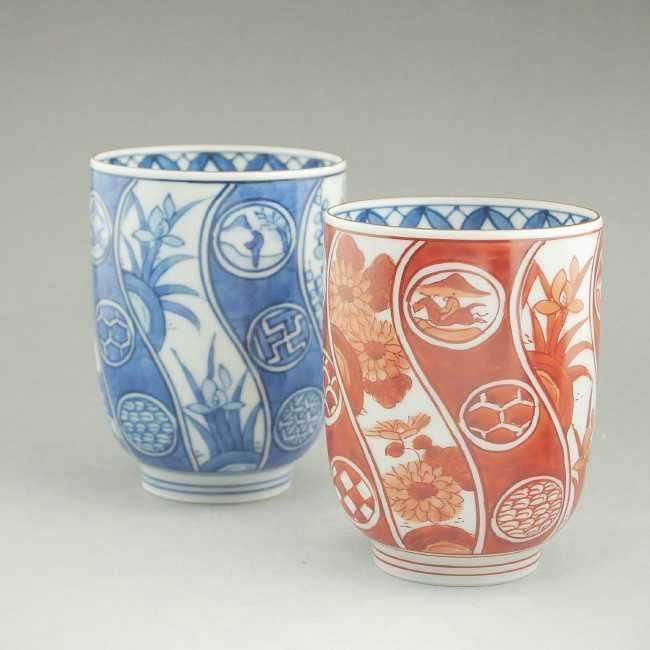 染赤四君子夫婦湯呑 賀峰 - 京焼清水焼 松韻堂