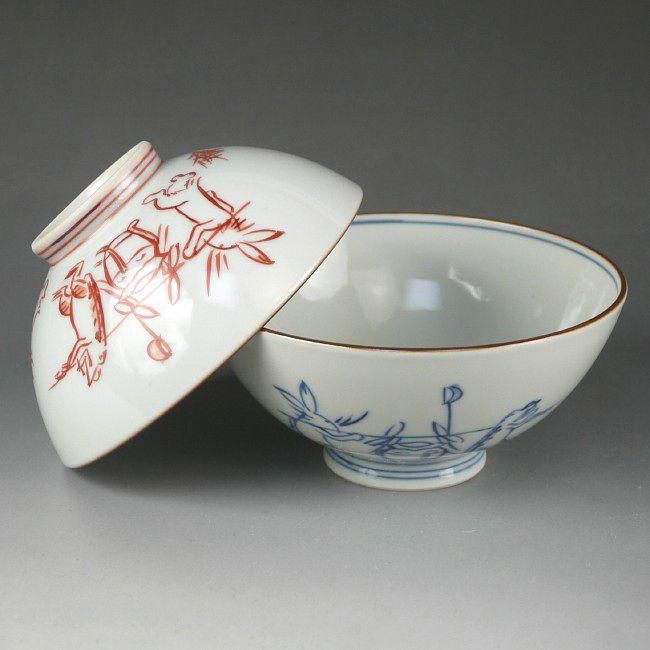 染赤絵巻夫婦茶碗 鳳山 - 京焼清水焼 松韻堂