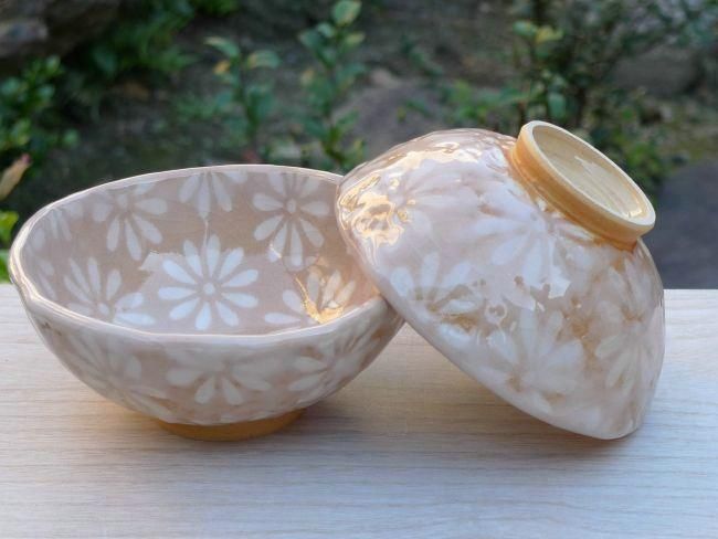 花紋夫婦ご飯茶碗 喜信 - 京焼清水焼 松韻堂