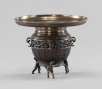 華道具 池坊 薄端 銅製花器 花入 生け花 三足 唐金製 山水 銅器