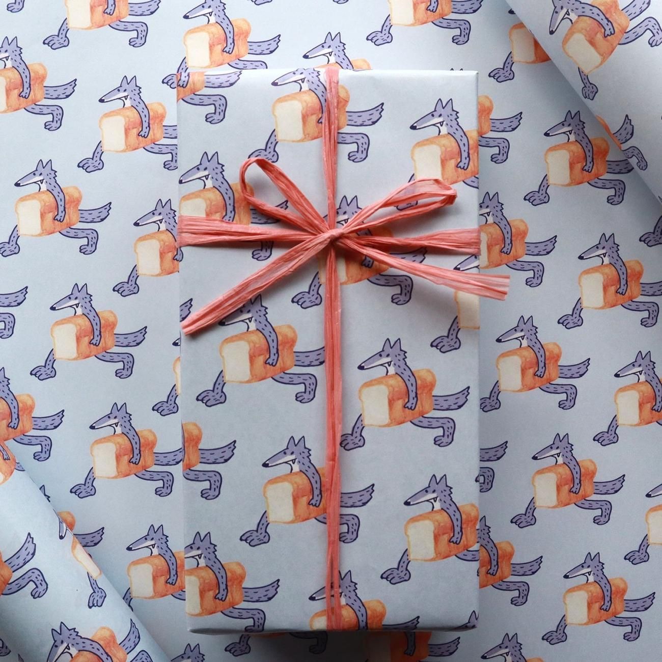 食パン運ぶオオカミ柄 ラッピングペーパー/包装紙 5枚 - おしゃれな