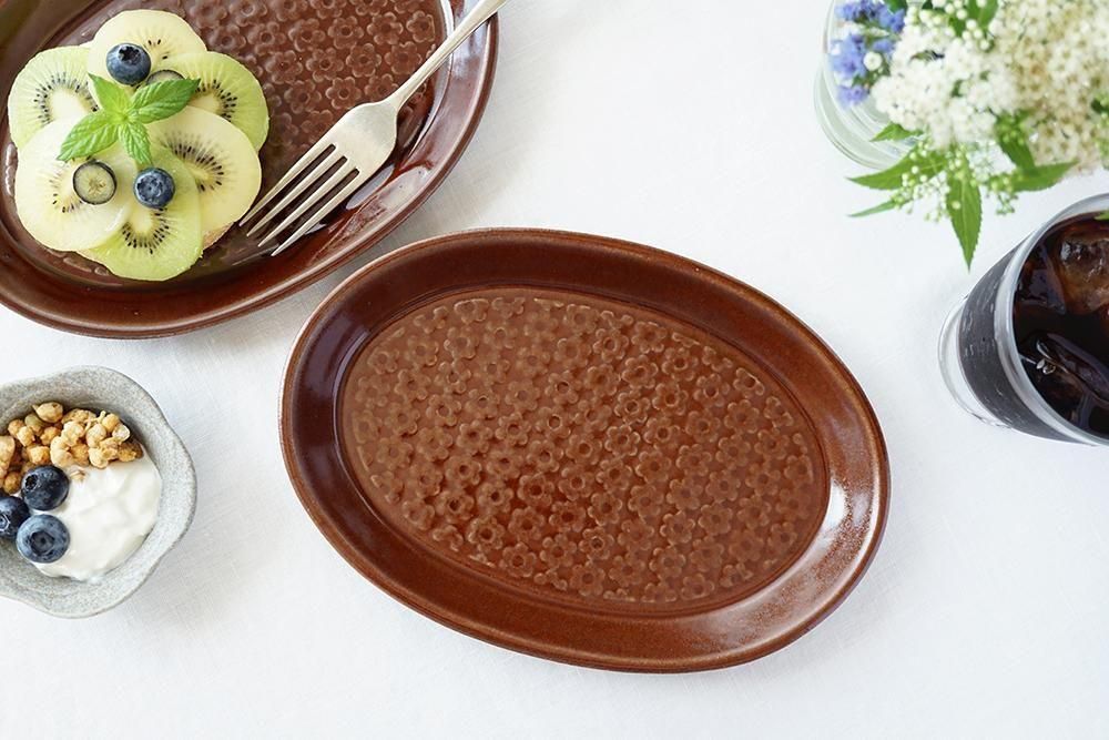 ラ37 ＜20周年記念＞あめ色 楕円皿 flower pattern - 益子焼の