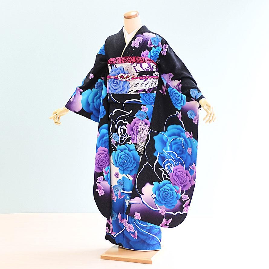 成人式振袖レンタル（FS0278）黒・青/バラ - 東京レンタルいしょう