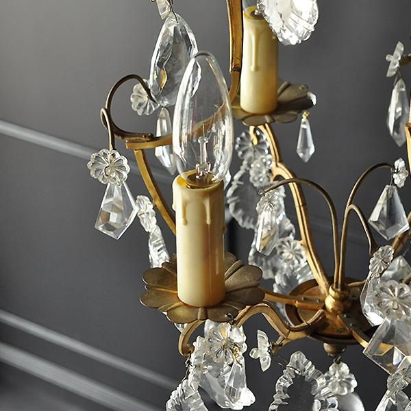 31. フランス アンティーク シャンデリア 3灯 キャンドル ガラス