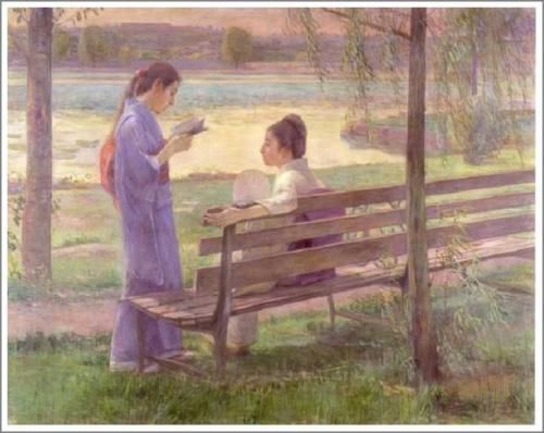 藤島武二【池畔納涼】 - 手描き 絵画（油絵複製画）販売のアート名画館