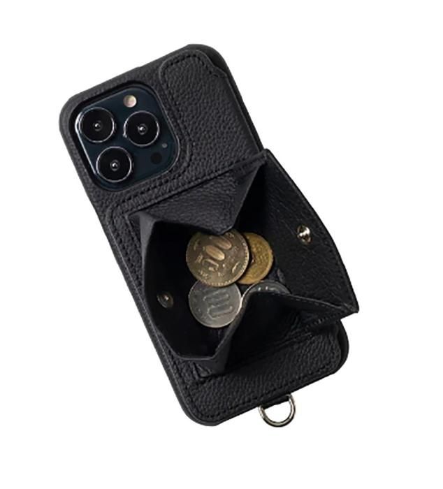 POCHE FLAT iPhone16ProMax DEMIU 黒 ストラップ付 iphone16 手帳 型