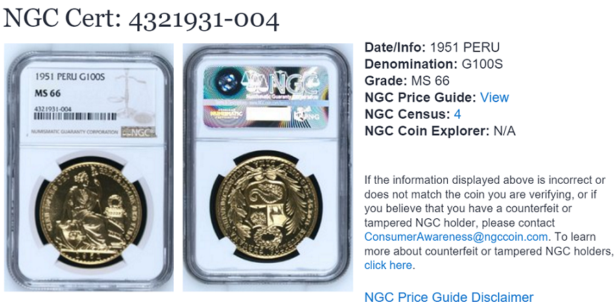 1953 ペルー 100 ソル 金貨 NGC-AU Details 1953 ペルー 100 ソル 金貨