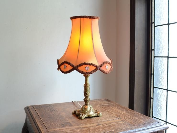 アンティーク シェード付き真鍮テーブルランプ（H37cm）｜アンティーク