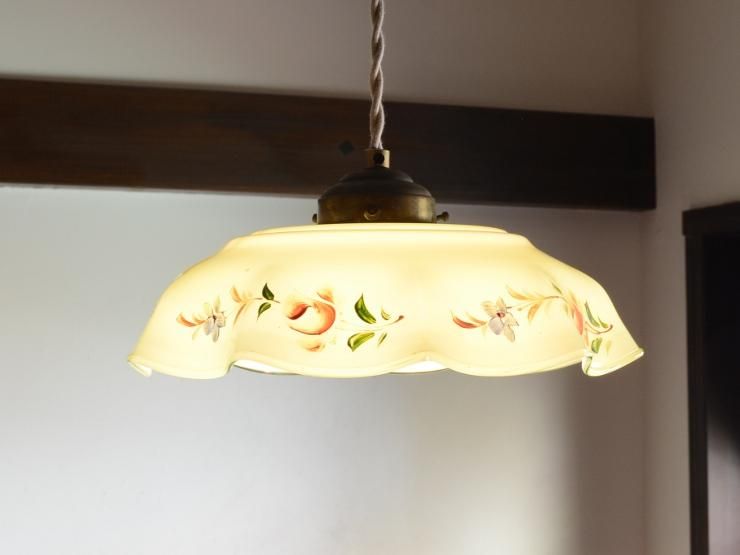 お花絵柄入ミントグリーンミルクガラスシェード ペンダントランプ