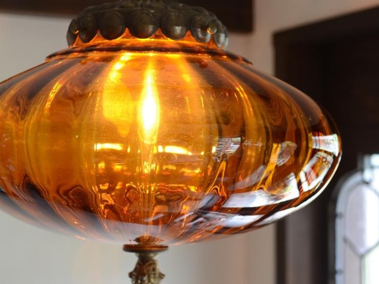 ヴィンテージ アンバーガラス ペンダントランプ B｜アンティーク照明