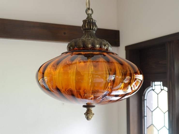 ヴィンテージ アンバーガラス ペンダントランプ B｜アンティーク照明