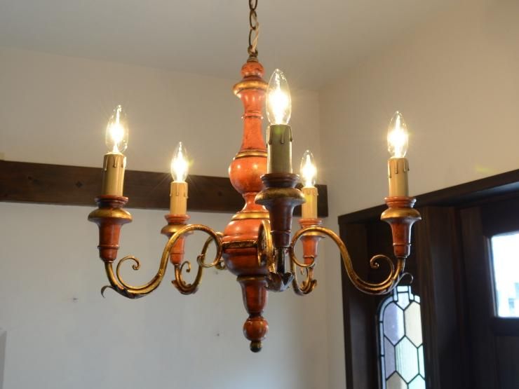 じゅん）独70年代DOMUS チーク無垢材 ヴィンテージ・5灯シャンデリア