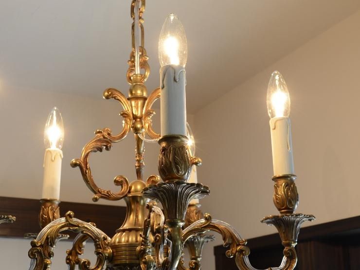 ヴィンテージシャンデリア 5灯LED付 フロストガラスと真鍮と