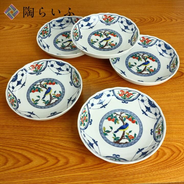 6号皿揃 染付瓔珞紋花鳥/青郊窯