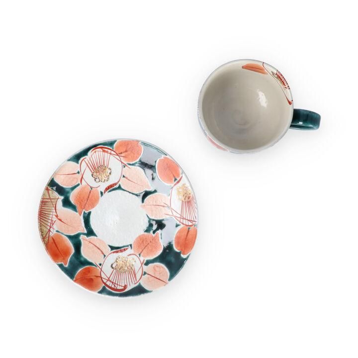 九谷焼 虚空蔵窯（石川県能美市）緑地に椿柄 皿2種4枚組 九谷焼 虚空蔵