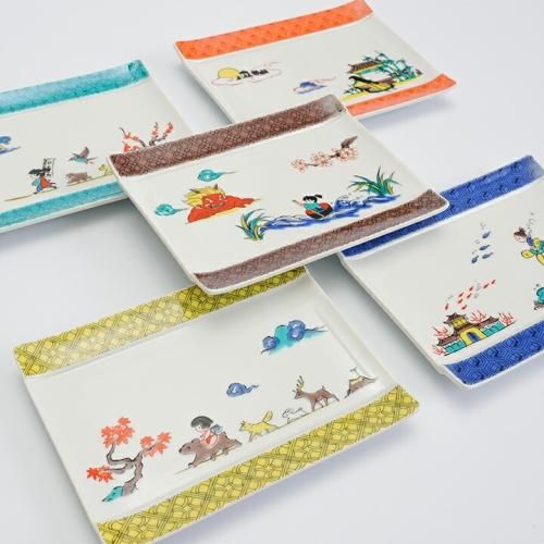 古九谷 花鳥銘々皿 共箱 八角 二重角福 陶光造 5枚揃 古九谷 花鳥銘々