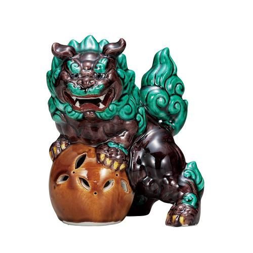 玉乗り 獅子 八幡窯 須栄義 金 赤 松竹梅 九谷焼 縁起物 招福 魔除け