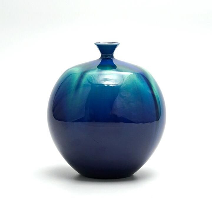 徳田八十吉花入青緑色の陶器 木箱付きA439 徳田八十吉花入青緑色の陶器