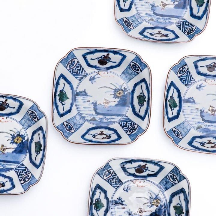 青手古九谷花に蝶の図四方皿 青手古九谷花