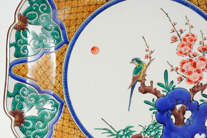 九谷焼 浅蔵五十吉「色絵松竹に遊ぶ」飾皿 共箱 共布 皿