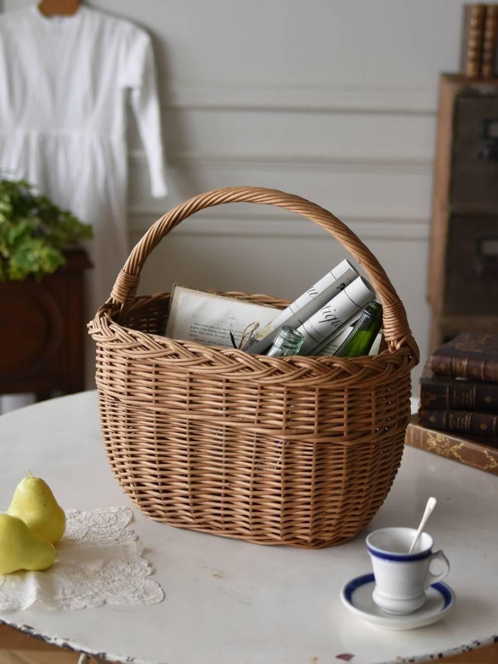 ローズパニエ大 バラペイント蓋付きバスケット フランスアンティーク