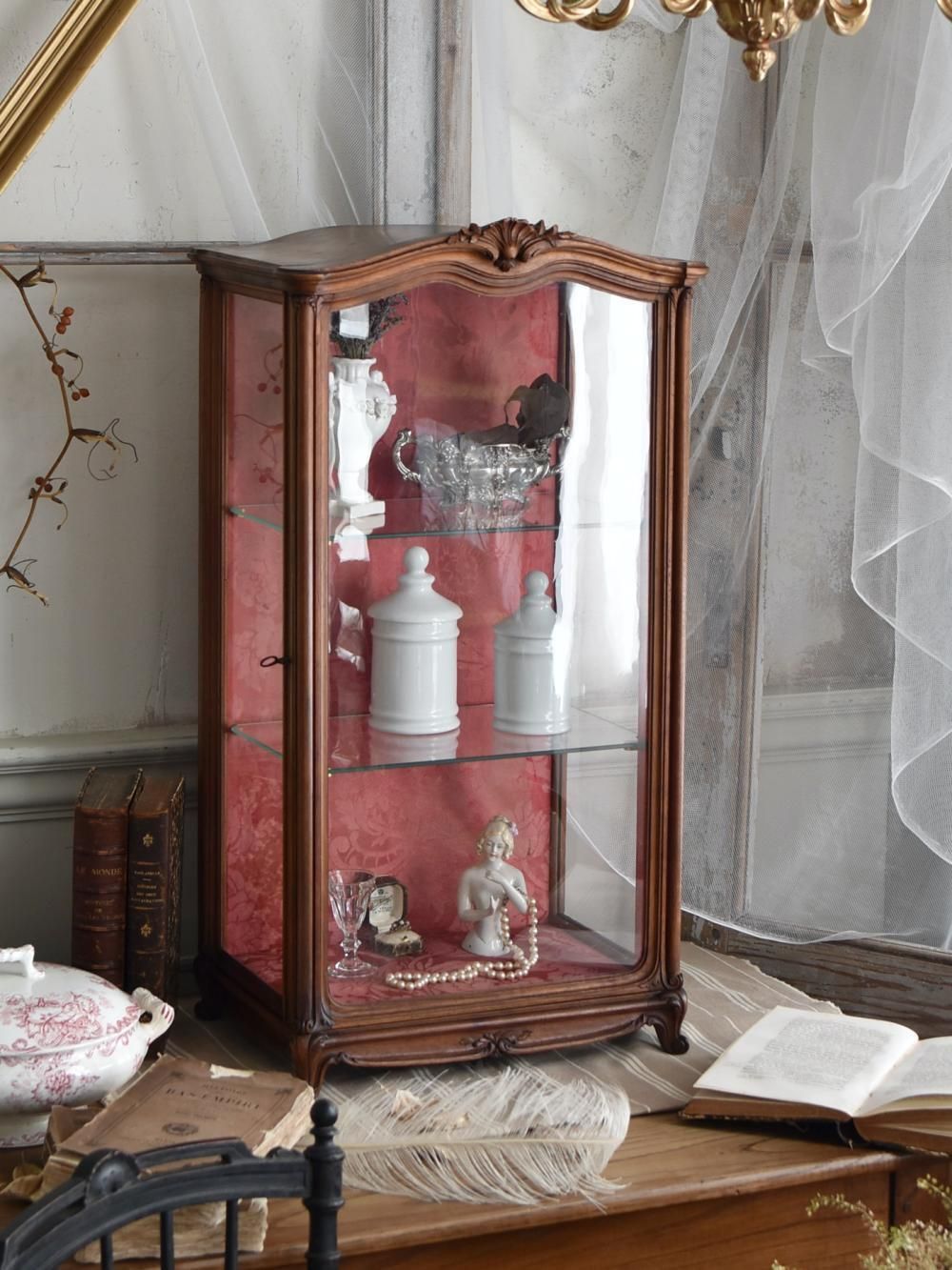 引き取り限定 フランス製 アンティーク ガラスショーケース 4段棚付き