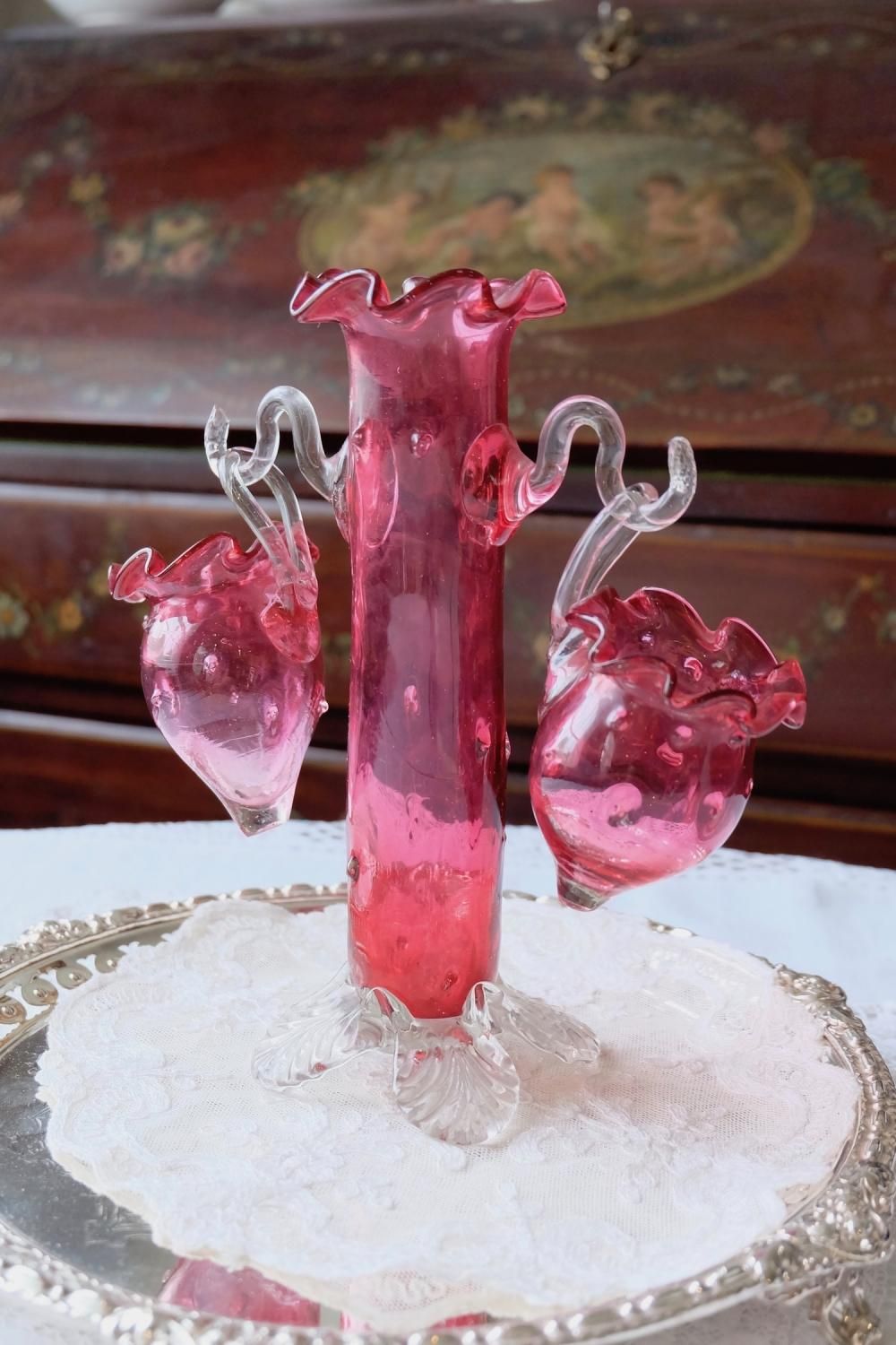 フランスアンティーク オパリンガラス 花瓶 ピンク系 一輪挿し グラス