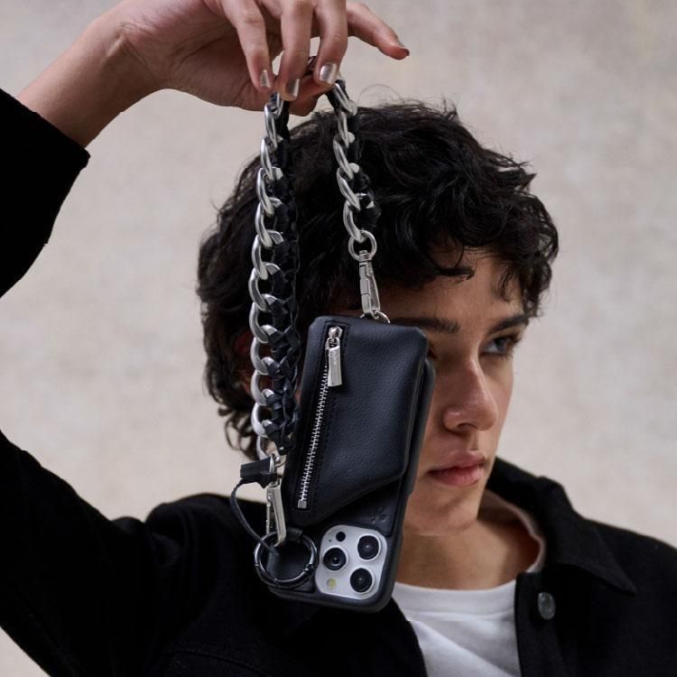 iPhone12.12Pro共通対応 / black 【ひも付きクロコ】 iphone ケース 紐付き