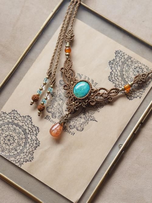 マクラメ編みネックレス ターコイズ&サンストーン（インド産）&真鍮