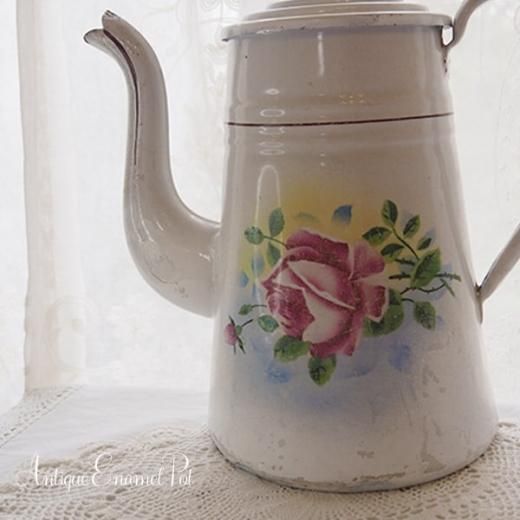 送料無料】フランス アンティークホーロポット ローズ バラモチーフ