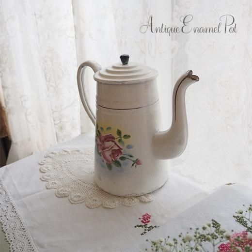 送料無料】フランス アンティークホーロポット ローズ バラモチーフ