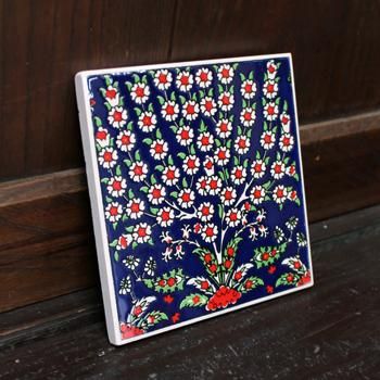 トルコキュタフヤ陶器のタイル（大）ネイビー＆ホワイト・レッド 生命