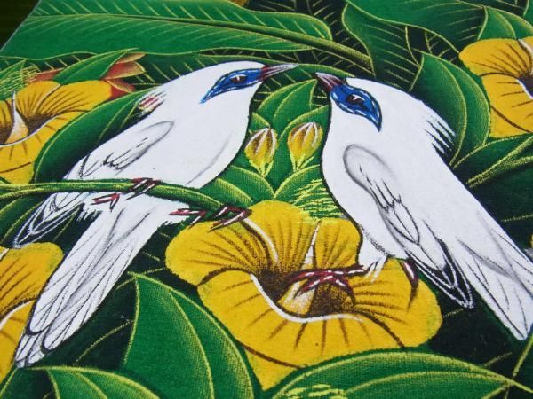 インドネシアバリ島アート 田園と亜熱帯の鳥と花 細密手描き風景画