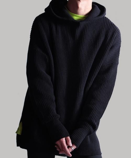 NILDUE SIDE SPLIT LONG KNIT HOODIE / BLK