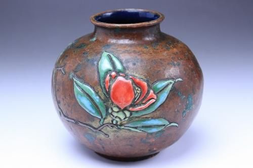 安藤七宝 「 銅鎚起七宝 椿文小瓶 」 - レトロ ＆アート空間 「 古美術