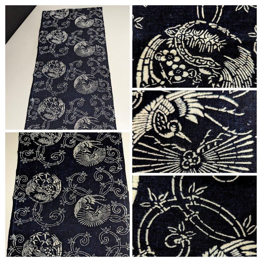 古布 半襦袢 両面染め 型染 藍染 蝶々 桜 古布 半襦袢 両面染め 型染